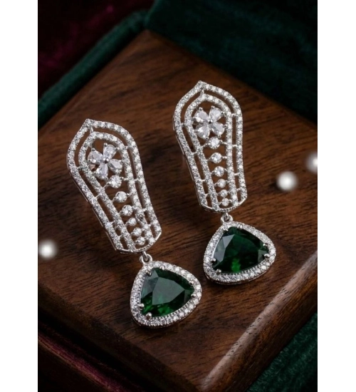 Women's Brass Silver Plated Drop Earrings (Green)