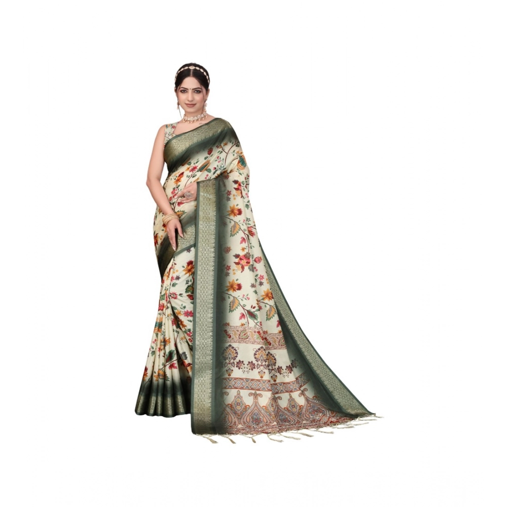 Women's Cotton Silk  Printed Saree With Unstitched Blouse 5.5Mtr (Green)