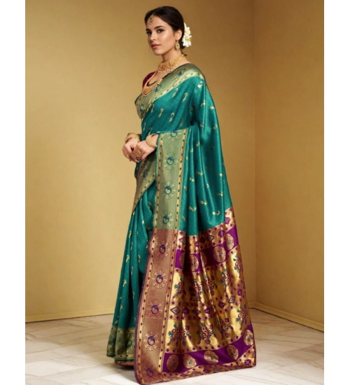 Women's Silk Blend Zari Weaving Saree With Unstitched Blouse 5.5Mtr (Green)
