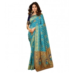 Women's Silk Blend Woven Zari Work Saree With Unstitched Blouse 5.5Mtr (Rama)