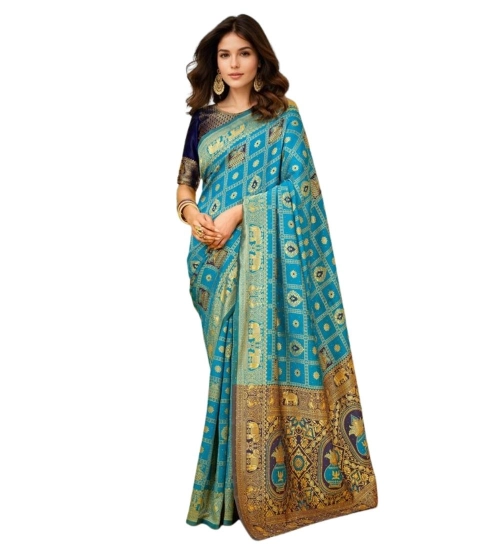 Women's Silk Blend Woven Zari Work Saree With Unstitched Blouse 5.5Mtr (Rama)