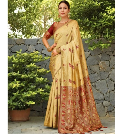Women's Silk Blend Woven Paithani Saree With Unstitched Blouse 5.5Mtr (Beige)