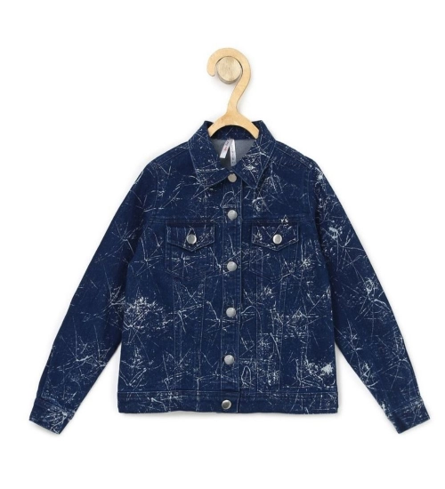 Girl's Denim Washed Flutter Jacket with Crinkle (Blue)