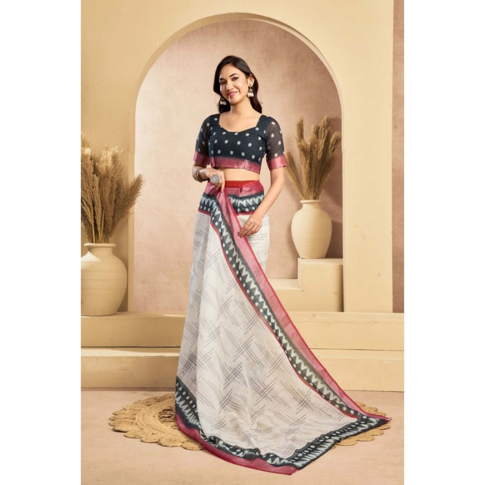Women's Linen Cotton Printed Ready To Wear Saree With Unstitched Blouse 5.5 Mtr (Off_White)
