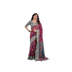 Women's Linen  Printed Saree With Unstitched Blouse 5.5Mtr (Purple)