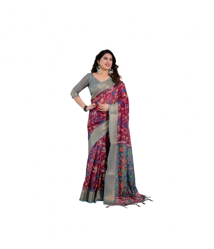 Women's Linen  Printed Saree With Unstitched Blouse 5.5Mtr (Purple)