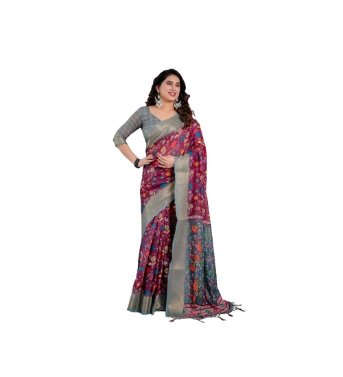 Women's Linen  Printed Saree With Unstitched Blouse 5.5Mtr (Purple)