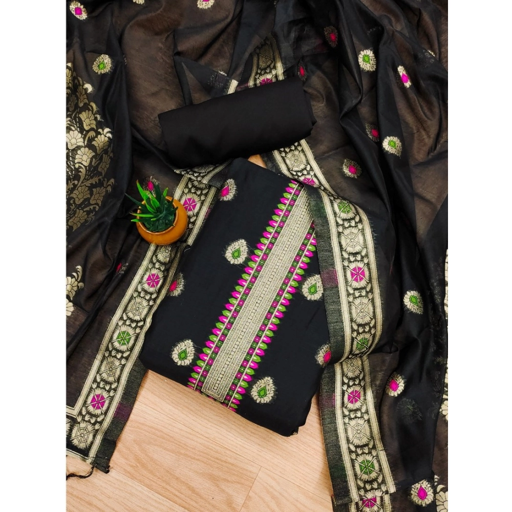 Women's Banarasi Silk Printed Unstitched Salwar Suit Material With Dupatta (Black, 3Mtrs)