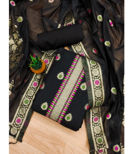 Women's Banarasi Silk Printed Unstitched Salwar Suit Material With Dupatta (Black, 3Mtrs)