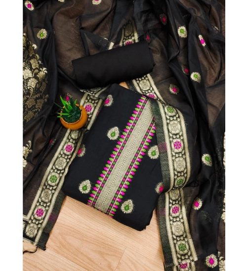 Women's Banarasi Silk Printed Unstitched Salwar Suit Material With Dupatta (Black, 3Mtrs)
