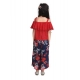Girl's Rayon Crepe Printed Cold Shoulder Top and Pants Set (Red-Navy) Girl's Rayon Crepe Printed Cold Shoulder Top and Pants Set (Red-Navy)