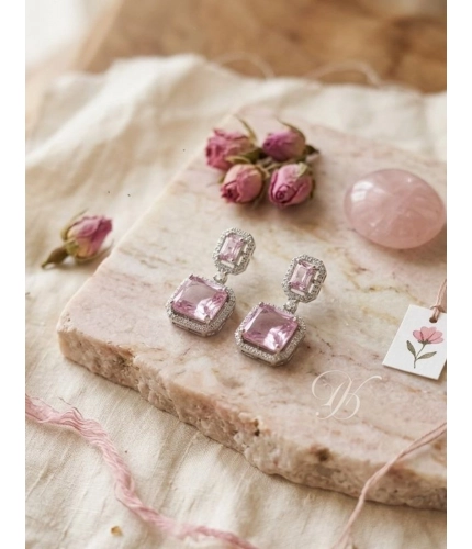Women's Brass Silver Plated Drop Earrings (Pink)