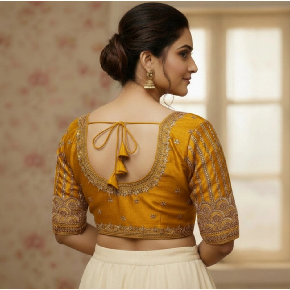 Women's Phantom Silk Embroidered Designer Neck Padded Blouse (Mustard 38 Ready (Alterable up to 42)