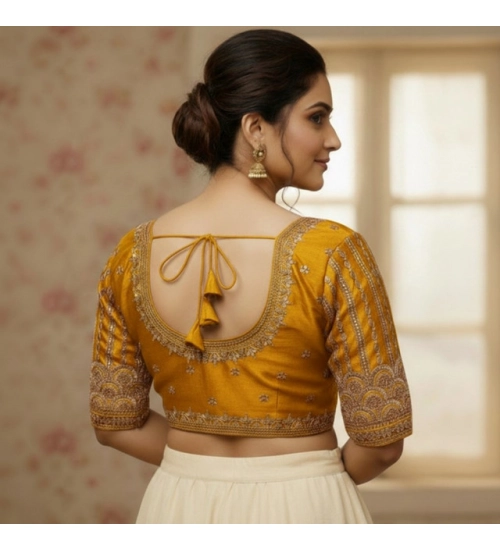 Women's Phantom Silk Embroidered Designer Neck Padded Blouse (Mustard 38 Ready (Alterable up to 42)