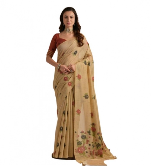 Women's Blended_Cotton Floral Motifs And Woven Buttas Saree With Unstitched Blouse 5.5Mtr (Light_Beige)