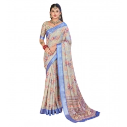 Women's Printed Cotton Linen Saree withPrinted  Saree With Unstitched Blouse (Beige, 5-6Mtrs)