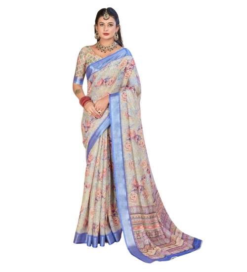 Women's Printed Cotton Linen Saree withPrinted  Saree With Unstitched Blouse (Beige, 5-6Mtrs)