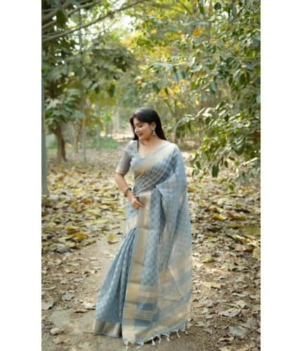 Women's Silk_Blend Checked Saree With Unstitched Blouse 5.5Mtr (Sky_Blue)