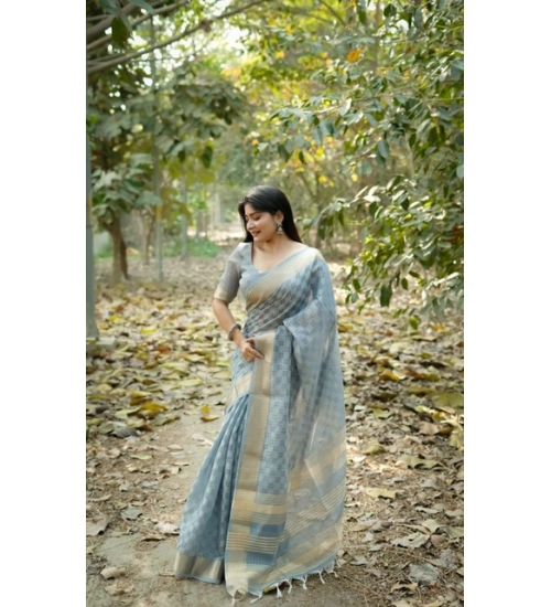 Women's Silk_Blend Checked Saree With Unstitched Blouse 5.5Mtr (Sky_Blue)