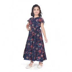 Girl's Shiffon Printed Short Sleeve Round Neck Dress (Blue)