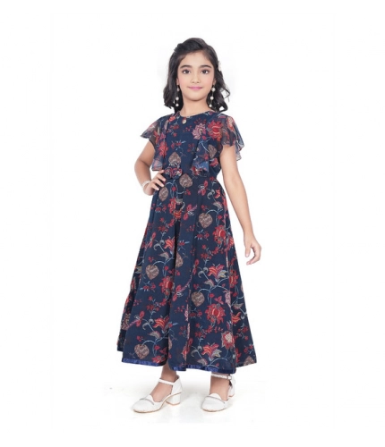 Girl's Shiffon Printed Short Sleeve Round Neck Dress (Blue)