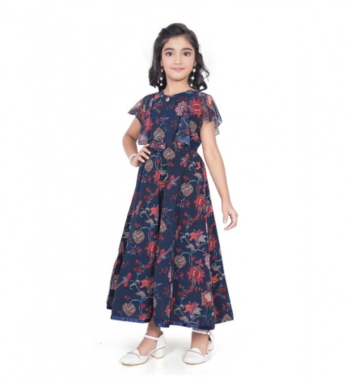 Girl's Shiffon Printed Short Sleeve Round Neck Dress (Blue)
