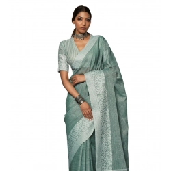 Women's Linen Printed Saree With Unstitched Blouse 5.5Mtr (Sea Green)