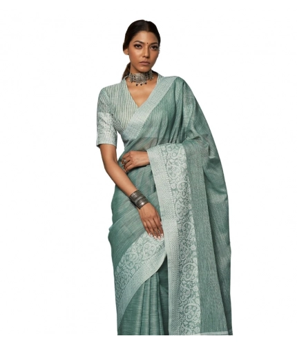 Women's Linen Printed Saree With Unstitched Blouse 5.5Mtr (Sea Green)