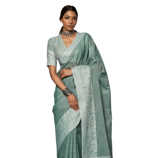 Women's Linen Printed Saree With Unstitched Blouse 5.5Mtr (Sea Green)
