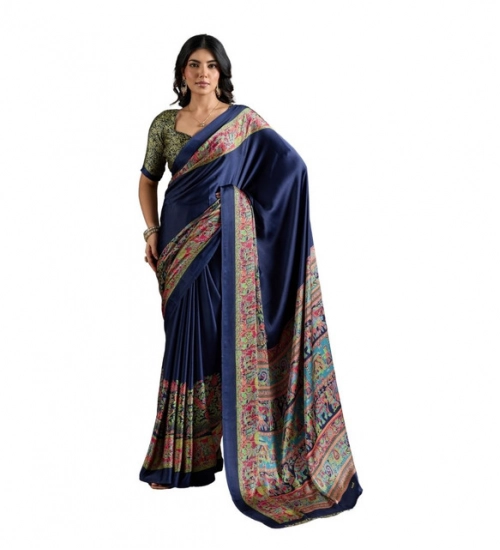 Women's Satin Crepe Printed Saree With Unstitched Blouse 5.5Mtr (Navy Blue)