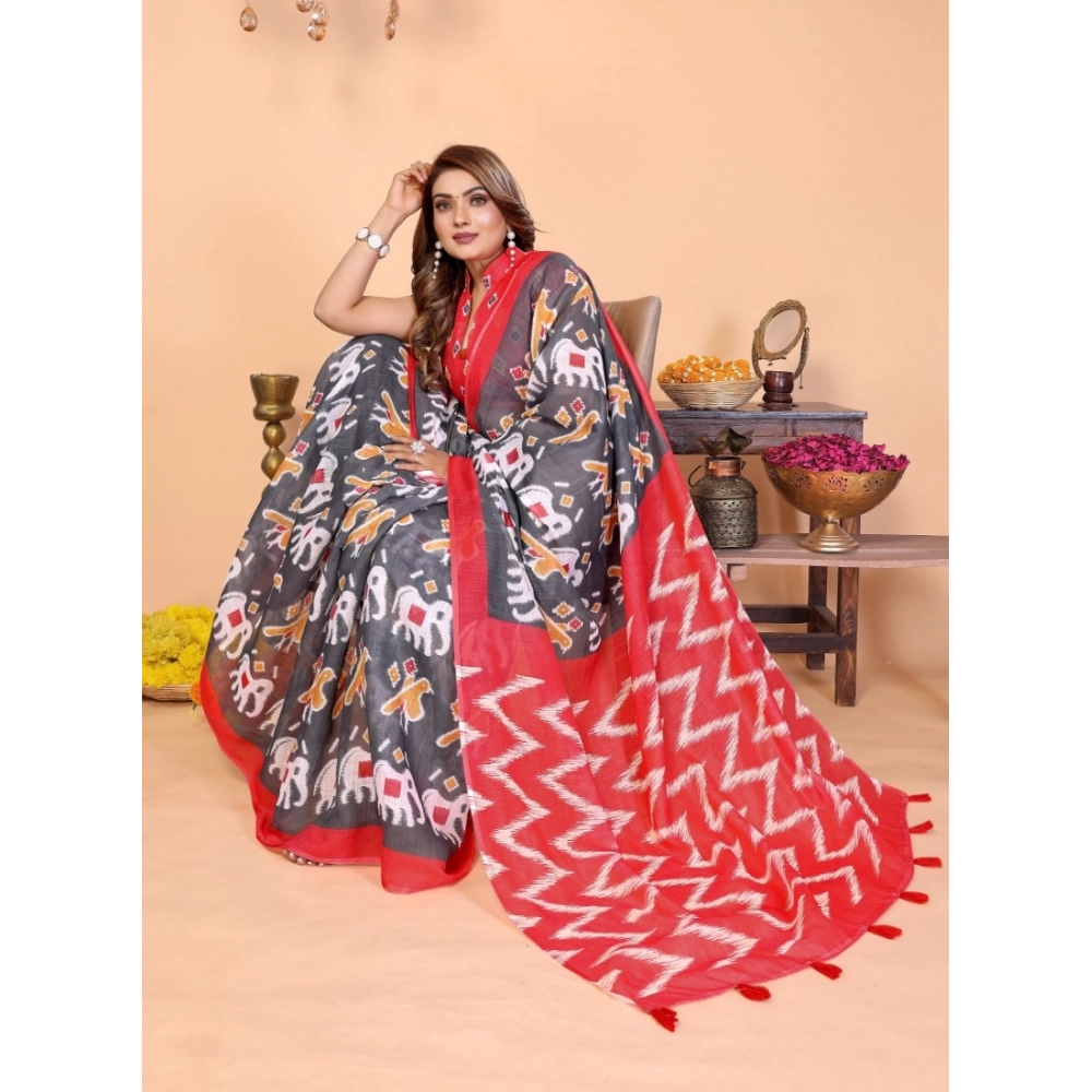 Women's Linen Cotton Printed Saree With Unstitched Blouse 5.5Mtr (Grey) Women's Linen Cotton Printed Saree With Unstitched Blouse 5.5Mtr (Grey)