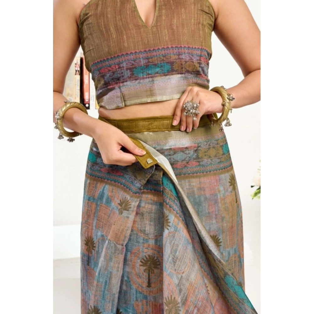 Women's Faux Linen Printed Ready to wear Saree With Unstitched Blouse 5.5Mtr (Multicolor) Women's Faux Linen Printed Ready to wear Saree With Unstitched Blouse 5.5Mtr (Multicolor)