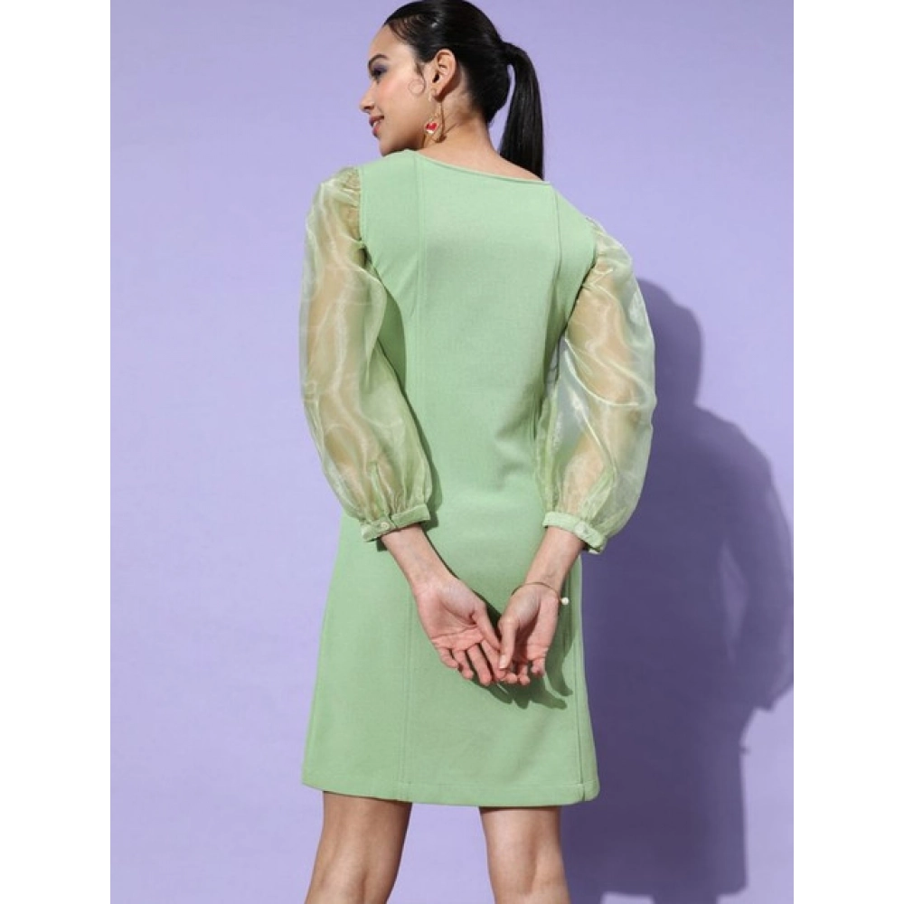 Women's Organza And Polyester Lycra Solid Long Sleeves Dress (Green)