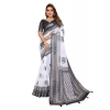 Women's Linen Cotton Printed Saree With Unstitched Blouse 5.5Mtr (White-Black)