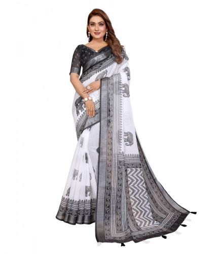 Women's Linen Cotton Printed Saree With Unstitched Blouse 5.5Mtr (White-Black)