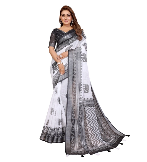 Women's Linen Cotton Printed Saree With Unstitched Blouse 5.5Mtr (White-Black) Women's Linen Cotton Printed Saree With Unstitched Blouse 5.5Mtr (White-Black)