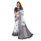 Women's Linen Cotton Printed Saree With Unstitched Blouse 5.5Mtr (White-Black)