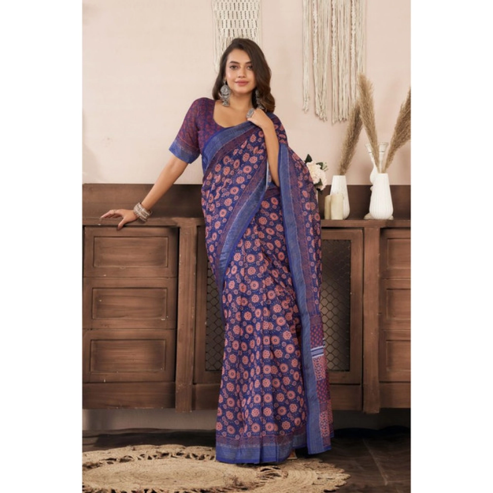 Women's Linen Cotton Printed Ready To Wear Saree With Unstitched Blouse 5.5 Mtr (Dark_Navy_Blue)