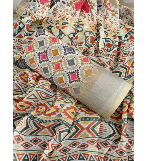 Women's Linen Cotton Printed Saree With Unstitched Blouse 5.5Mtr (Cream) Women's Linen Cotton Printed Saree With Unstitched Blouse 5.5Mtr (Cream)