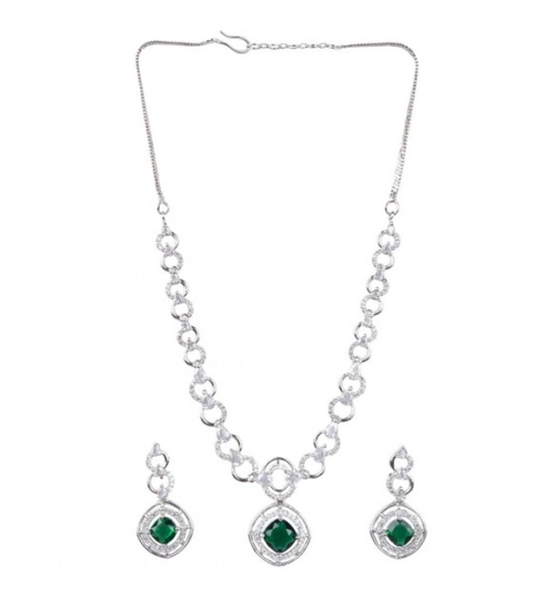 Women's Brass Silver Plated Necklace set (Green)