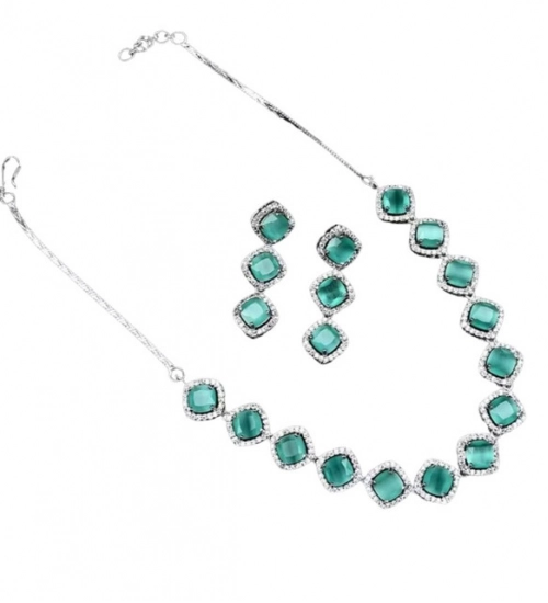 Women's Brass Silver Plated Necklace set (Turquoise)