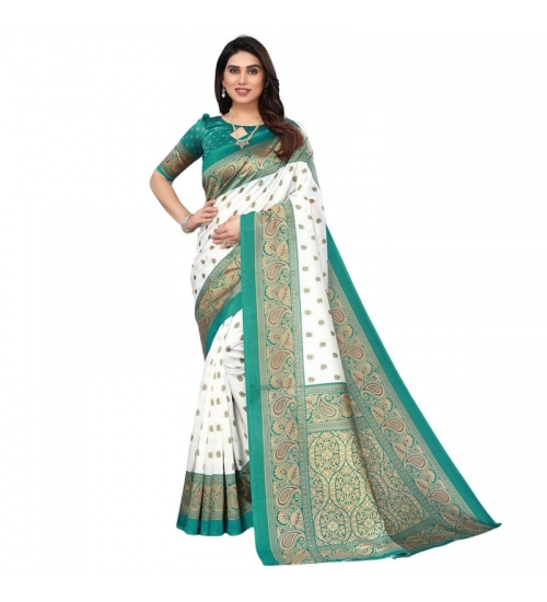 Women's Litchi silk Printed Saree With Unstitched Blouse  5-6 Mtrs (Turquoise Blue)