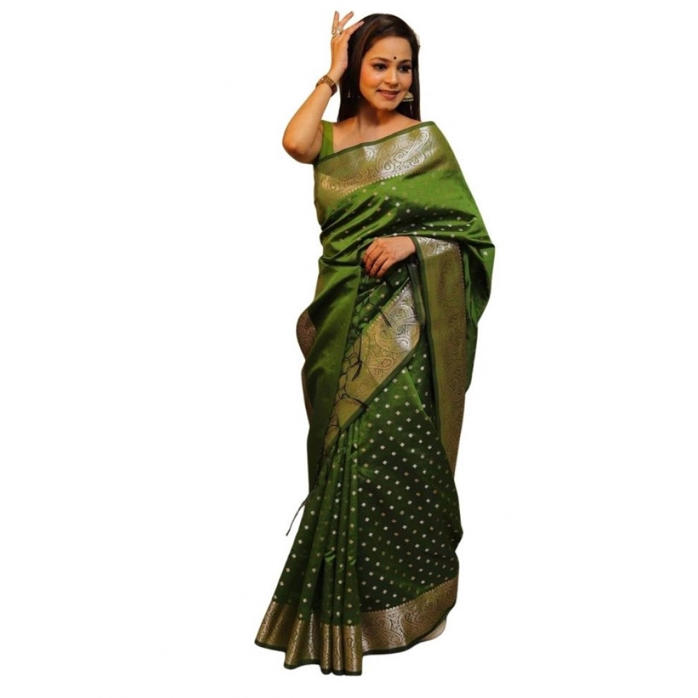 Women's Soft Lichi Silk Printed Saree With Unstitched Blouse 5.5Mtr (Green)