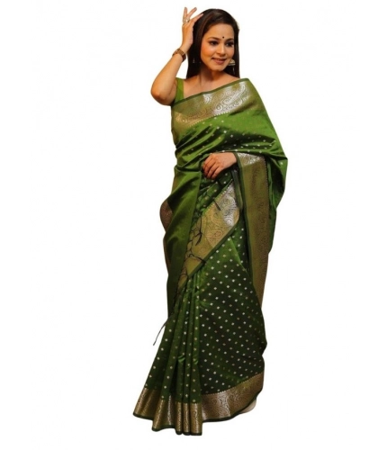 Women's Soft Lichi Silk Printed Saree With Unstitched Blouse 5.5Mtr (Green)