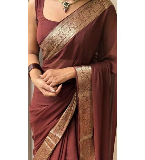 Women's Vichitra Silk Printed Saree With Unstitched Blouse 5.5Mtr (Brown)