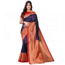 Women's Litchi silk Printed Saree With Unstitched Blouse  5-6 Mtrs (Navy Blue)