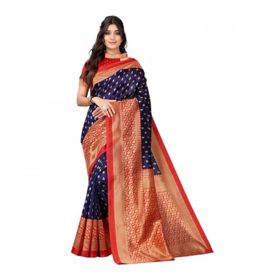 Women's Litchi silk Printed Saree With Unstitched Blouse  5-6 Mtrs (Navy Blue)
