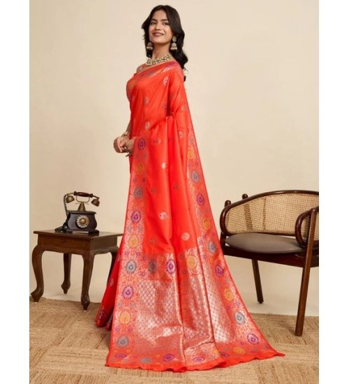 Women's Faux_Banarasi_Silk Woven Saree With Unstitched Blouse 5.5Mtr (Coral)