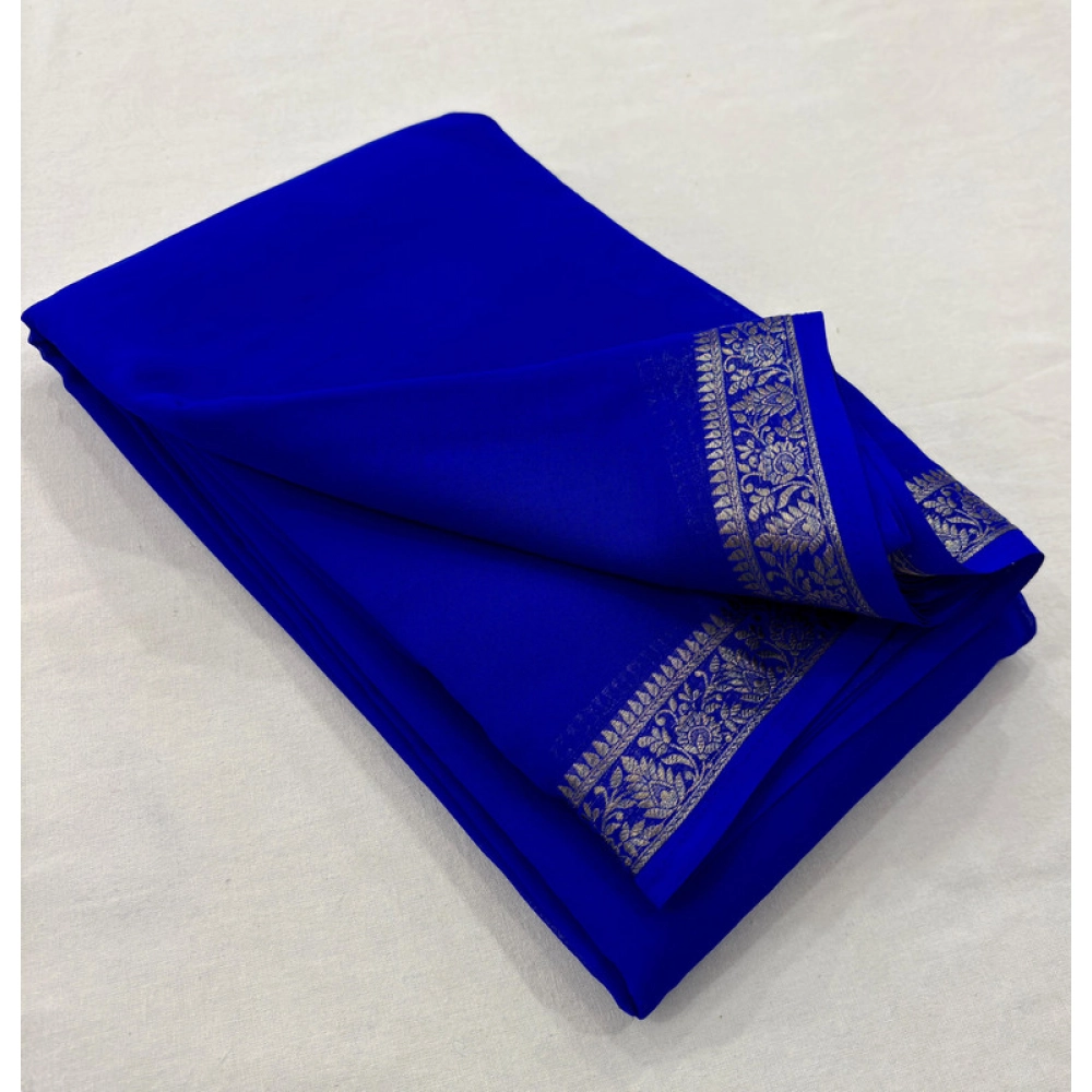 Women's Crepe Chit Pallu Solid Saree With Unstitched Blouse 5.5Mtr (Blue) Women's Crepe Chit Pallu Solid Saree With Unstitched Blouse 5.5Mtr (Blue)
