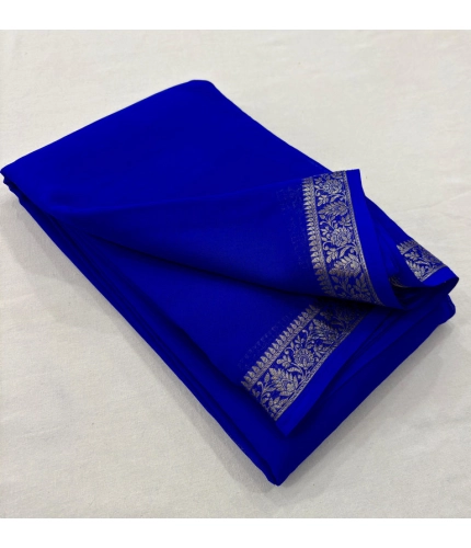 Women's Crepe Chit Pallu Solid Saree With Unstitched Blouse 5.5Mtr (Blue)